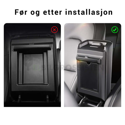 TSLA Oppbevaringsboks i armlene - Tesla Model 3 + Y - Before and after installation - Elbilgrossisten